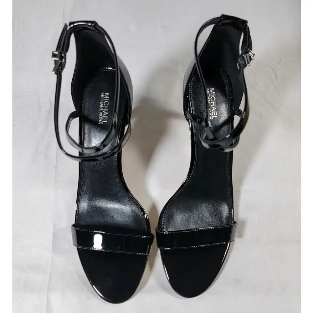 New Michael Kors Ava Mid Womens 9.5 Black Patent Strappy Heels Sandals Stiletto